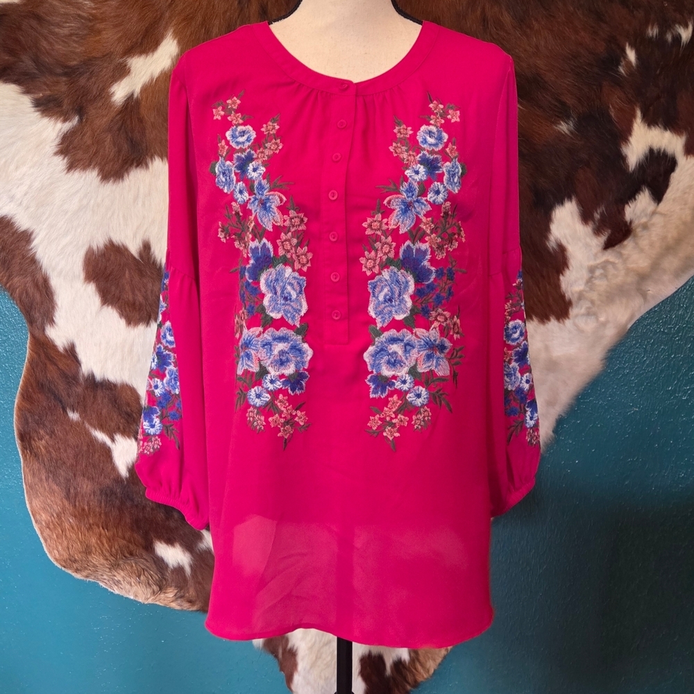 The Pioneer Woman Vibrant Pink Blouse with Blue Floral Embroidery